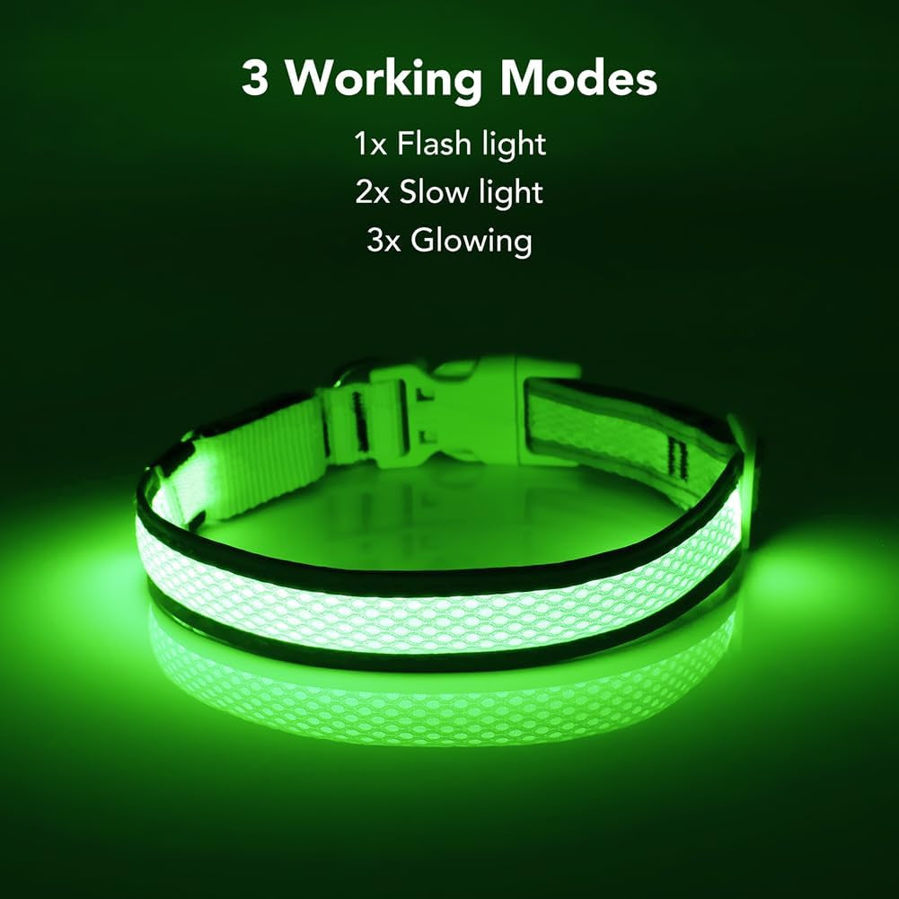 Light up Dog Collar - USB Rechargeable LED Dog Collar Glow in the Dark - High Visibility Glow Collar for Night Walking (Small, Green-Mesh)