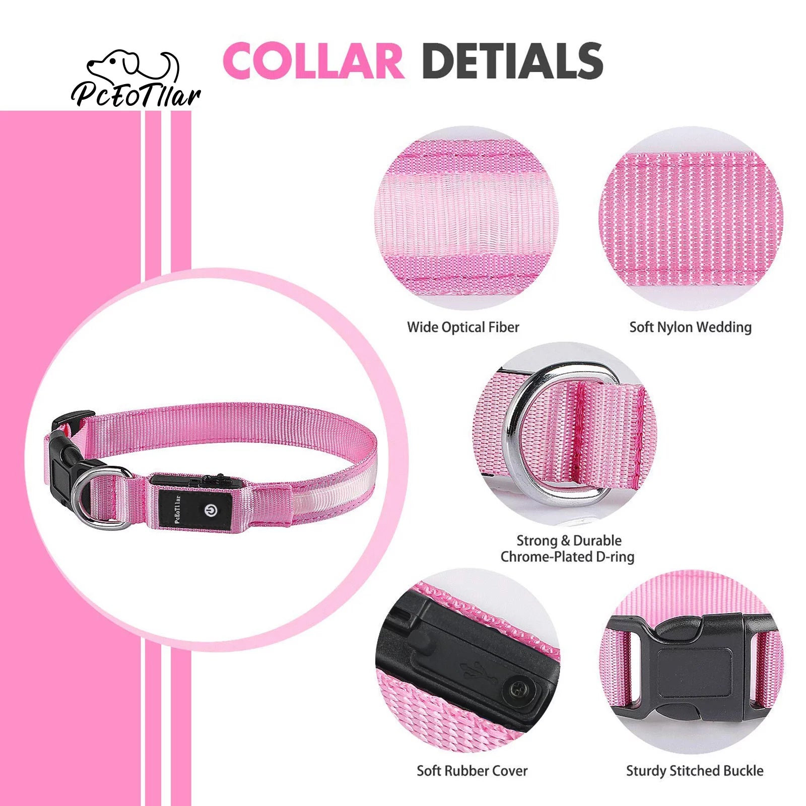 Light up LED Dog Collar, Waterproof Rechargeable for Night Walking RGB Colorful Adjustable Safety Dog Collar for Medium Dogs (Pink)