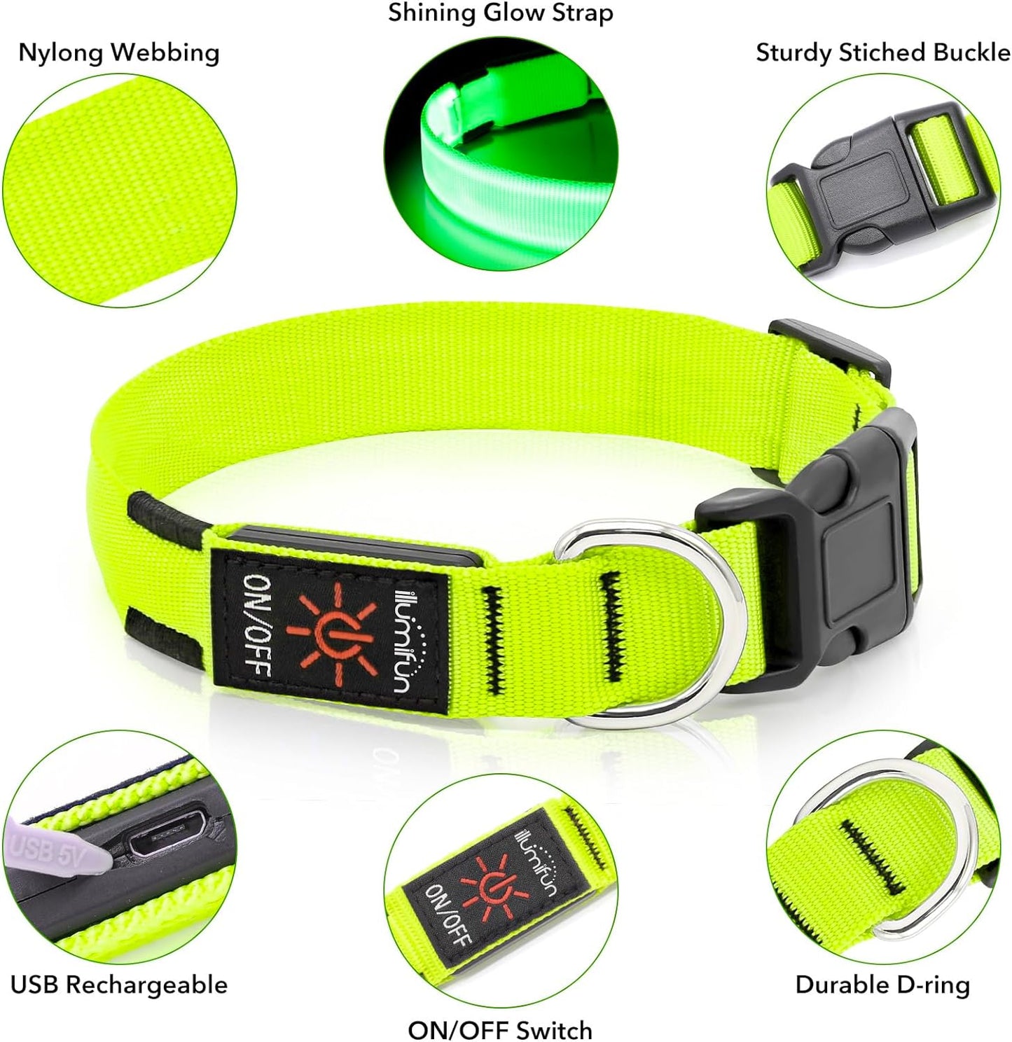 LED Dog Collar, USB Rechargeable Light up Dog Collars Glow in the Dark, Adjustable Dog Safety Collar Light Make Your Dogs Be Visible& Safe at Night (Green, Large)